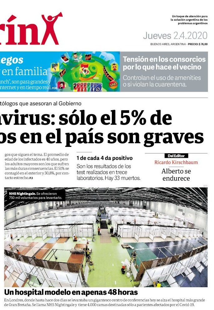 2 de abril y Clarín pone en su tapa la foto de un hospital en Londres. Que mal Clarín. #MalvinasArgentinas