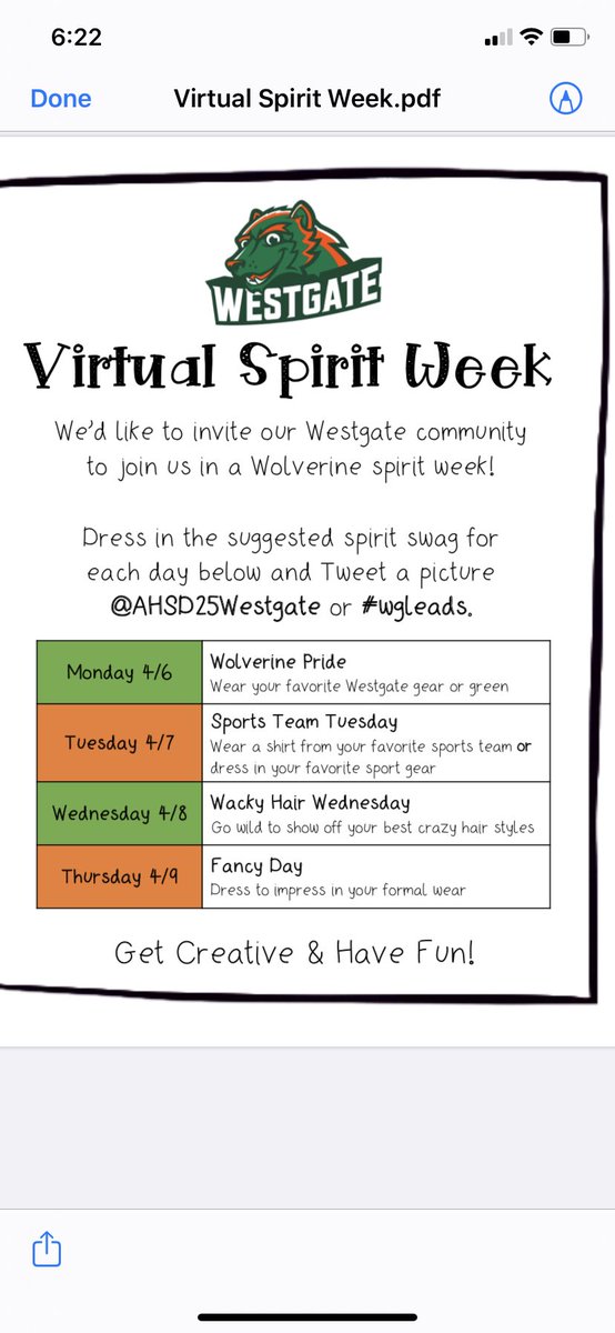 KCLeaders25's tweet photo. A Westgate Spirit week should be fun! Might have to Zoom with the class on formal day!!! #wgleads @AHSD25Westgate https://t.co/hWCNEXkOAe