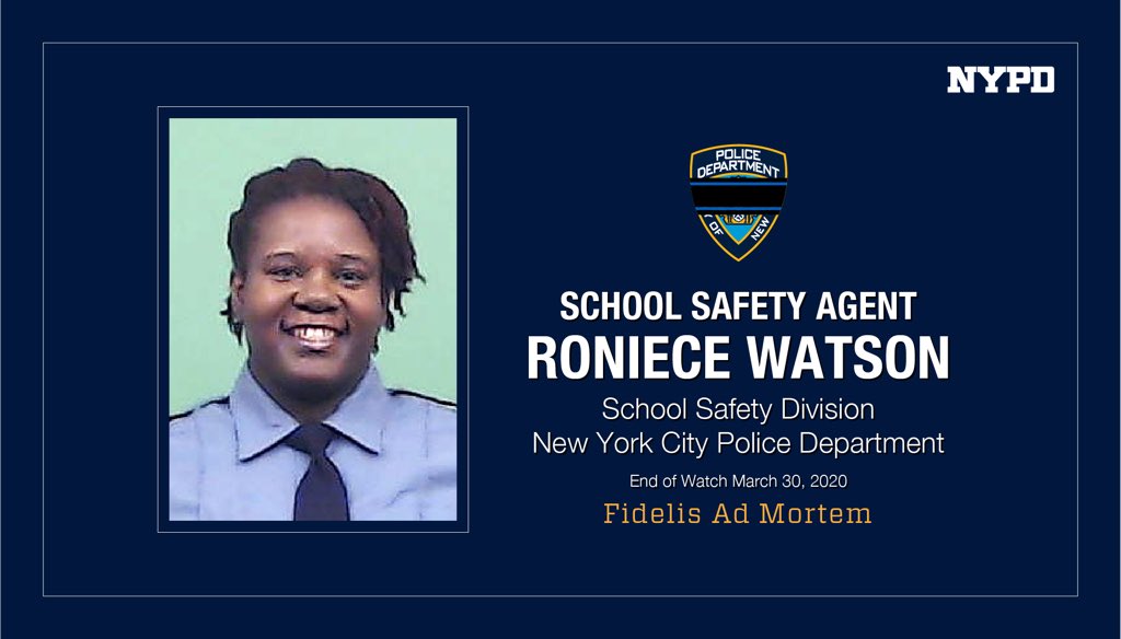 NYPD67Pct's tweet photo. Our prayers for TEA Karisma Dargan who passed on April 1st due to Covid-19. She was a 3 year veteran of the police department. And School Safety Agent Roniece Watson who died from Covid-19 on March 30. She served the department for 16 years. @NYPDnews https://t.co/0r13OhfU29