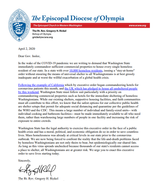 Bishop Gregory Rickel calls on the state of Washington to commandeer hotels and other commercial properties to house people experiencing homelessness during the coronavirus pandemic.