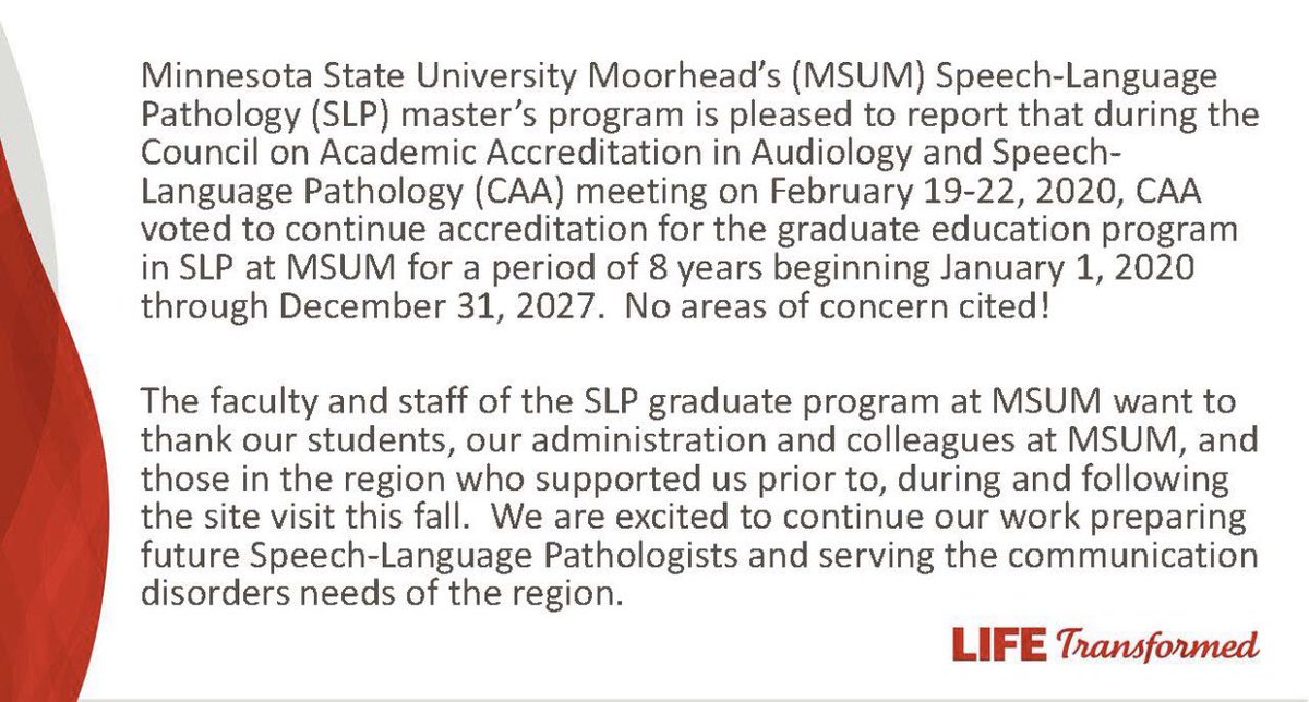 MSUMSLP's tweet photo. We are excited to announce that our masterβs program has officially been approved to continue accreditation for a period of 8 years. No areas of concern cited- itβs a great day to be a dragon! #MSUMSLP #MSUM #DragonPride https://t.co/IWt3yj3gnG