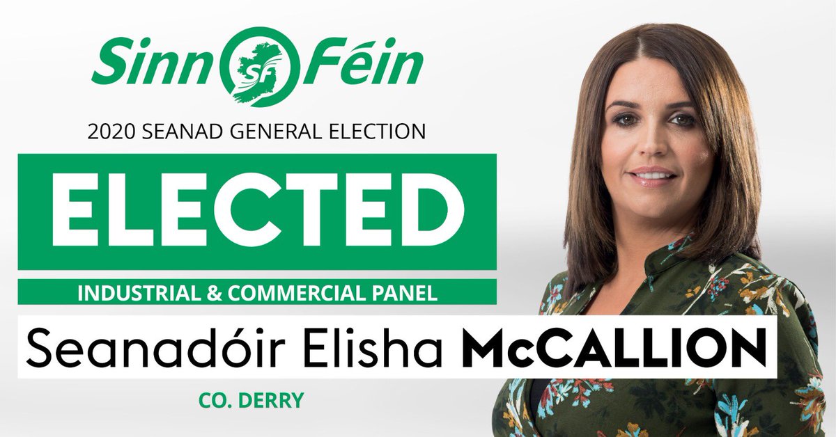sinnfeinireland's tweet image. Sinn Féin's @ElishaMcC_SF has been elected to the Seanad

Comhghairdeas Elisha, tofa chuig an 26ú Seanad ar an Rolla Tionscail agus Tráchtála

#Seanad2020 #SeanadElection