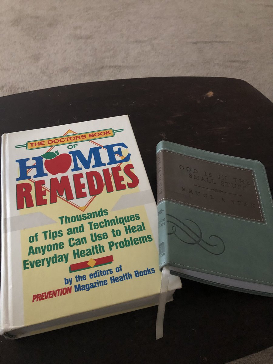 A_Woods005's tweet photo. Tell-us Thursday.   These are my current reads. The first book is God Is In The Small Stuff by Bruce and  Stan. It’s my go-to during times like these. The second book is me taking preventive measures in the event of small ailments. #ReadingHeals #ItsAllSmallStuff https://t.co/1T3NTSxVpE
