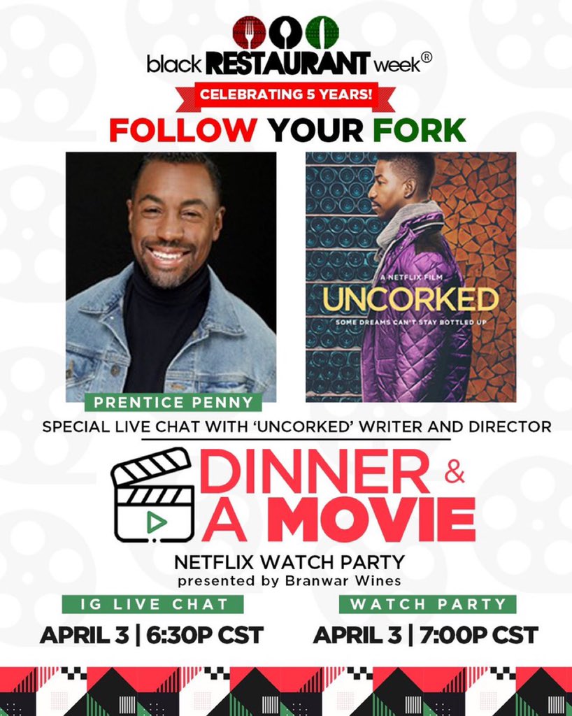 blkrestaurantwk's tweet photo. Celebrate the Black Restaurant Week 5 Year Anniversary by joining us for Dinner and a Movie presented by @BranwarWines. With a special chat with Uncorked writer & director @The_A_Prentice
https://t.co/hc3KJhpOl9โฆ
#blackrestaurantweek #WeGot5OnIt https://t.co/rHNIpE6zvs
