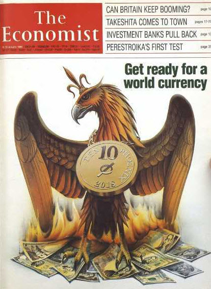 In 1998, the Economist predicted the collapse of the United States Dollar and the rise of 1 world currency by 2018.The one world currency is often called, the New World Order and guarantees complete world domination by a Global Centralized Bank.Everything is connected/thread