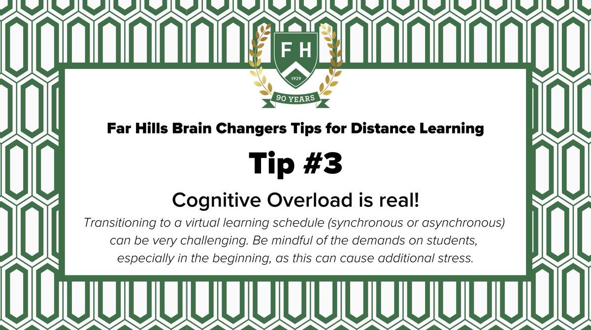 fhcds's tweet photo. Cognitive Overload is real and is magnified during #DistanceLearning. That brings us to our next #DistanceLearningTip ...

Consider the cognitive demands placed on students and how this impacts their processing of new information!

#GoFar
#FarHillsDistanceLearning
#WeBeforeMe https://t.co/OgWIDDBSts
