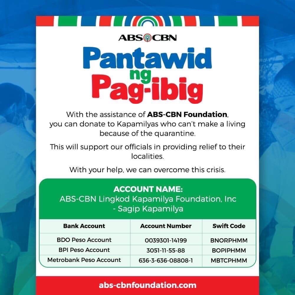 JaDines, let’s answer the call for assistance in ABS-CBN’s Pantawid ng Pag-ibig Project! Please check out the direct bank accounts below! CLeah First ILoveYou #OTWOLHindiPwede2020