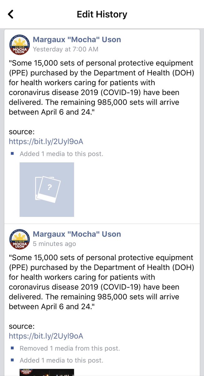 FACT CHECK: OWWA Deputy Administrator Mocha Uson posted photos showing a new set of PPEs supposedly purchased by the gov't and distributed to health workers. But netizens point out that the photo she used at the bottom is from SM Foundation.The image was replaced 5 minutes ago.