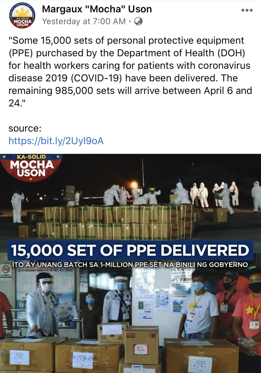 Whatta liar.FACT CHECK: OWWA Deputy Administrator Mocha Uson posted photos showing a new set of PPEs supposedly purchased by the gov't and distributed to health workers. But netizens point out that the photo she used at the bottom is from SM Foundation.