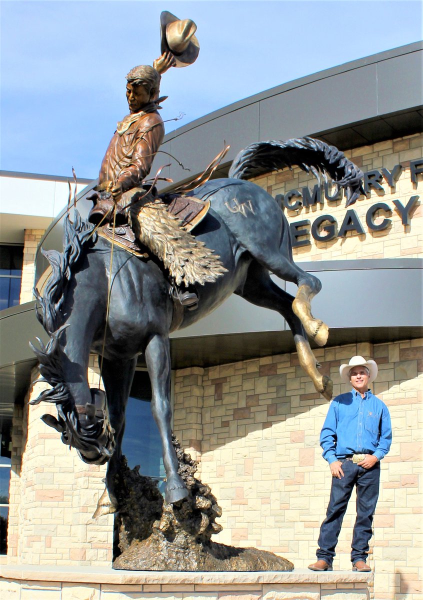 11/12 On campus is a bronze statue tilted 'Wyoming Cowboy', a representation of Steamboat. Similar to the primary logo, it is 16 feet tall.