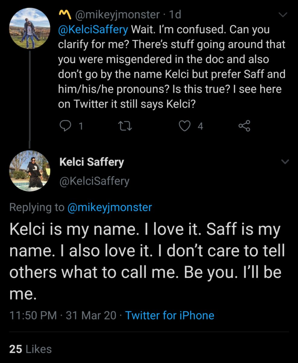 Since I literally can't find anyone who's compiled firsthand evidence of Saff's preferences anywhere on the Internet, I've done just that. In response to folks who have read in the news that he uses he/him pronouns and prefers Saff to Kelci. 1/? #TigerKingNetflix    #tigerking  