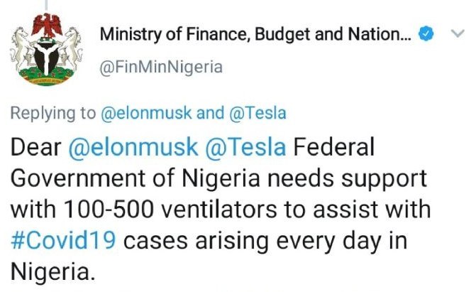 allafrica's tweet photo. Nigerians Embarrassed As Ministry of Finance Begs Elon Musk, Tesla for Ventilators On Twitter @vanguardngr: https://t.co/nl7ZzcODPQ #Nigeria #COVID19Pandemic #ElonMusk #Tesla https://t.co/NmzKC17up6