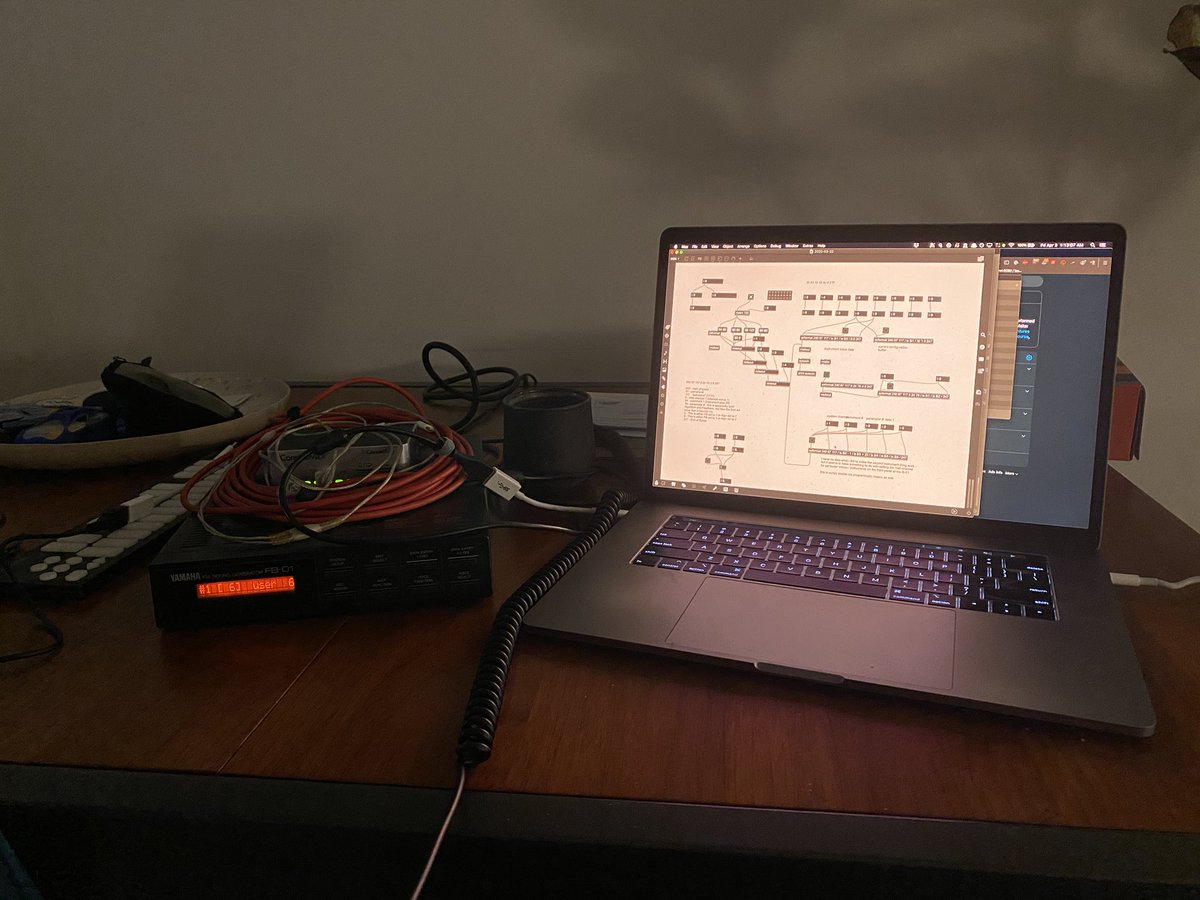 Also, someone recently asked for pictures of what this all looks like. Here is my extremely not glamorous work station at my kitchen table. V sketchy programming in Max. Interfacing the  #fb01 via an iConnectMidi2 normally used for my modular.