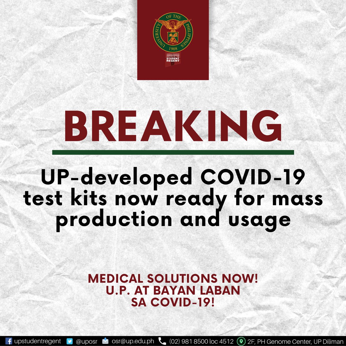 uposr's tweet photo. It’s here! The wait is over!

COVID-19 test kits developed by UP scientists ready for rollout. Currently in production are kits that can do up to 120,000 tests. These are expected to be cheaper and quicker in delivering results.

Mabuhay! READ: https://t.co/dBlbCYDWUH https://t.co/6s74IbirWx