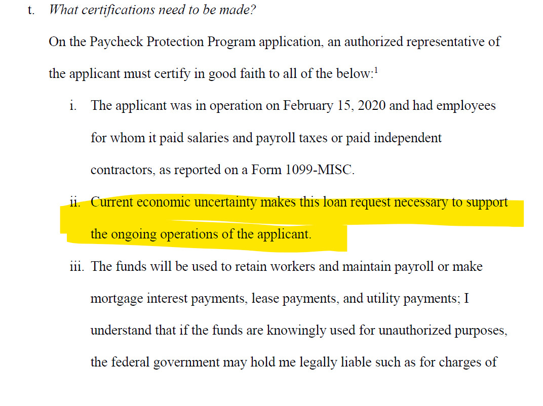 14/A reminder via 2t that while this is basically an honor system loan, you DO have to certify that the economic uncertainty makes the loan NECESSARY.Economic uncertainty = highly likely right now. Necessity? Definitely more of a judgment call.