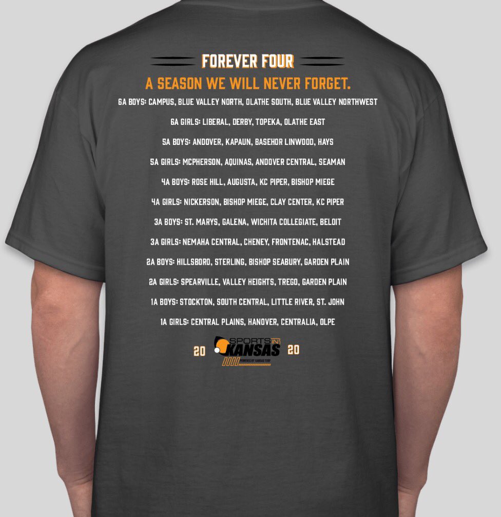 sportsinkansas's tweet photo. A 🏀 season in KS we will never forget...Order your 2020 Forever Four T-Shirts from Sports in Kansas to remember the 2020 🏀 season in KS. Adult S-XL $22, XXL-XXXL $25 (shipping &amp; handling included in cost). Email sportsinkansas@gmail.com and we will send you the order form. https://t.co/EyGLteznJW
