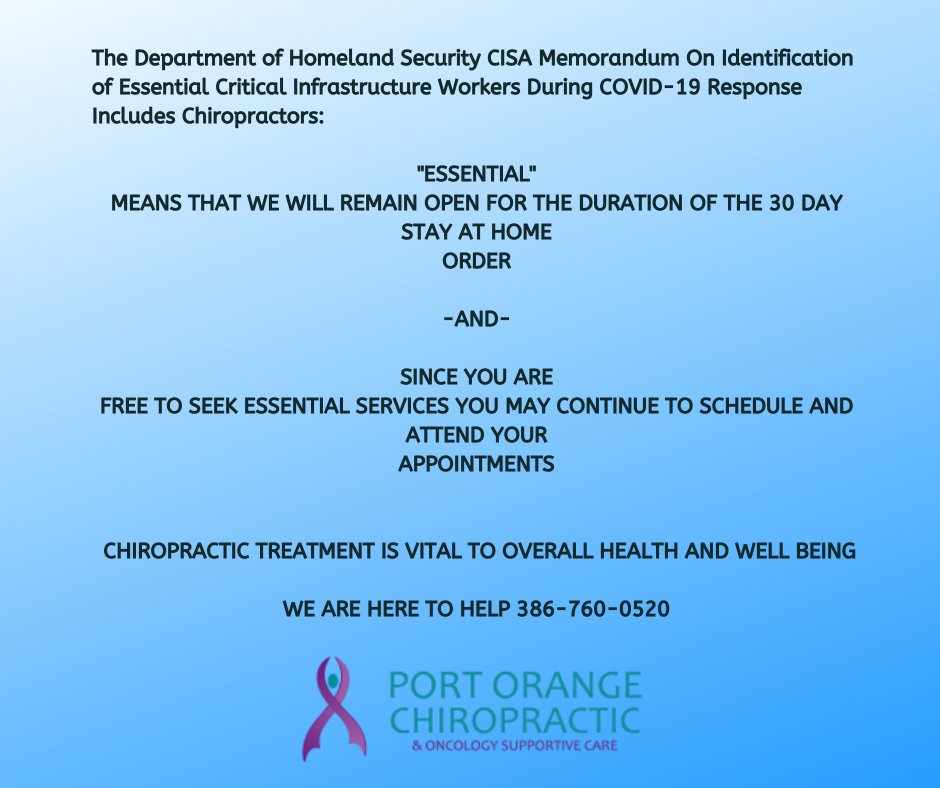PortOrangeChiro's tweet photo. Please be assured we are here for our patients. We are taking extraordinary care in sanitization and cleanliness. You can feel safe continuing your chiropractic care with us!

#chiropractic #covid19 #chirocare https://t.co/3RWhd81yFn