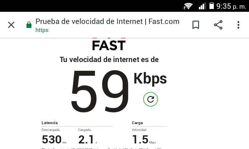 superd2015's tweet photo. @TuMundoInter De un plan de 2mb contratados y con modem nuevo, esta es la velocidad en este momento 59 kbps, con un solo equipo conectado al modem, y asi exigen el pago puntual. Mejoren el servicio asi pueden justificar el cobro https://t.co/FXin05UWfr