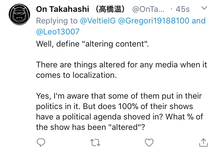 YoUr BoYcOtT WoN’t HeLp CrEaToRs https://archive.is/w3xZs >Sure some things are altered but it’s just localization>Yes, I’m aware some of them put their politics into it, but only a few shows have a political agenda shoved in!>What % has been “altered”? https://archive.is/KB88t 