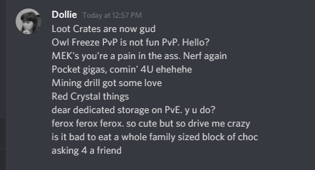 NotDollie's tweet photo. 🍫I don't know why you guys like my dumb notes but here they are: 

60 Second Patch Notes v.9orsomething!

Deployment planned for tomorrow - server and client changes for PC , server changes to Xbox and Ps4. Client changes to come to console as soon as possible https://t.co/RI3bkzIEng