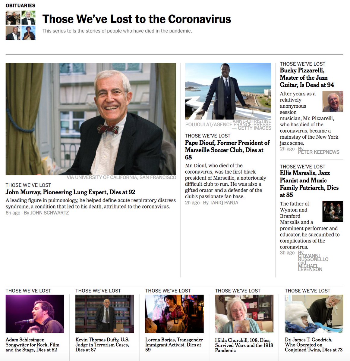 8/ To appreciate vastness of tragedy, 1 need only scan new  @nytimes “Those We’ve Lost [from Covid]” page  https://nyti.ms/2R8Mdse  Today lists 32 amazing people: musicians, activists, diplomats, athletes... ages 30-108. Alas, we’re closer to beginning than end of thisStay safe…