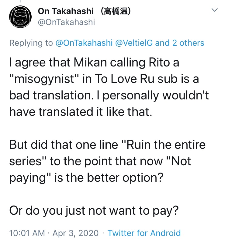 I agree that To Love Ru sub is a bad translation. But did that one line “Ruin the entire series” that “Not paying” is better? Do you just not want to pay? https://archive.is/LBhcY Funi’s staff may lean politically to the left. So what? It’s not unwatchable. https://archive.is/XWX4z 