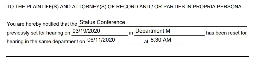 An in-person status hearing was originally slated for March 19, 2020. This was one that Dan Reed planned to be present at with his camera crew.Due to conflict and/or COVID-19 it was rescheduled for June 11.(Expect to see Dan/Amos, Wade, James and presumably Anthony Edwards.)