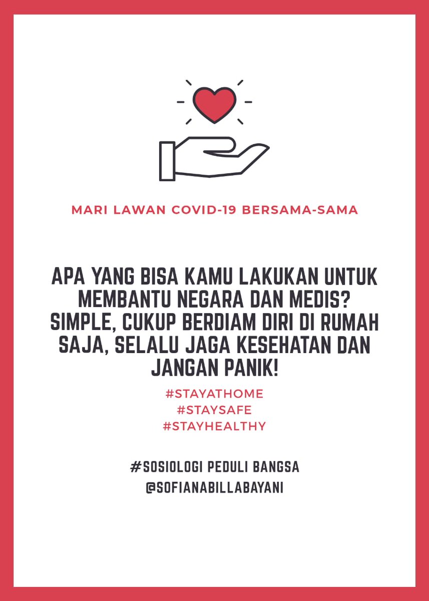 SofiaBayani's tweet photo. Diam di rumah udah bisa jadi pahlawan? Hebat kan🔥

#StayAtHome 
#KarantinaWilayah 
#selamatkanbangsa
#sosiologpedulibangsa 
#sosiologimaritim https://t.co/MTQC83Io22