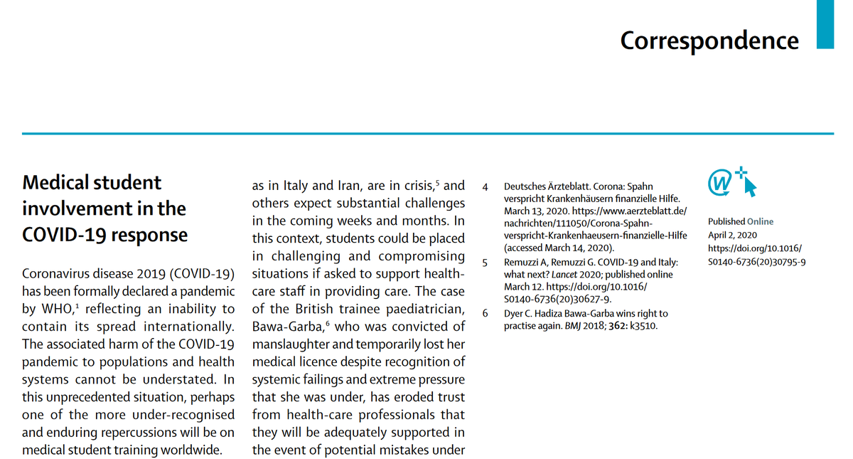 "Medical students, alongside all health-care staff, are prepared to contribute to patient care in the COVID-19 pandemic, yet in these uncertain times, forethought and transparency are essential"

Medical student involvement in the COVID-19 response - thelancet.com/journals/lance…