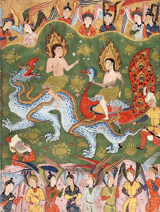 Expulsion of Adam and Eve from the Garden. Safavid period Iran, ca.1550 CE. Opaque watercolor, ink & gold on paper