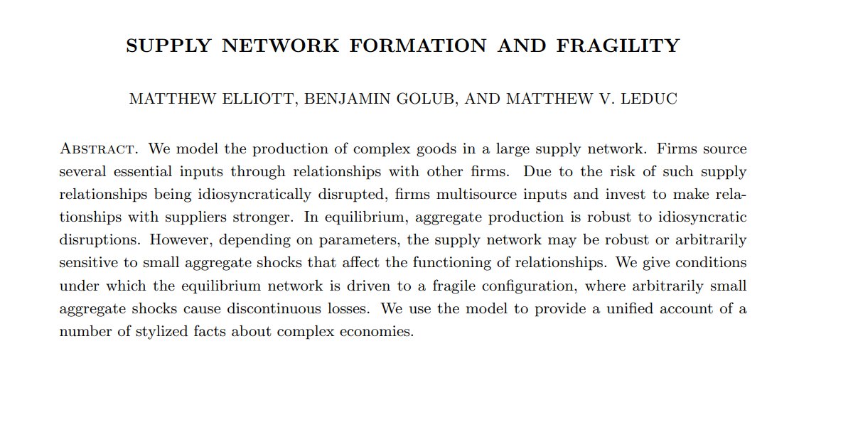 Networks of business relationships are the tissue of a modern economy. The current crisis is a common shock to these relationships. This new paper develops a network theory of why such shocks are devastating, especially for complex production. http://bengolub.net/papers/SNFF.pdf 
