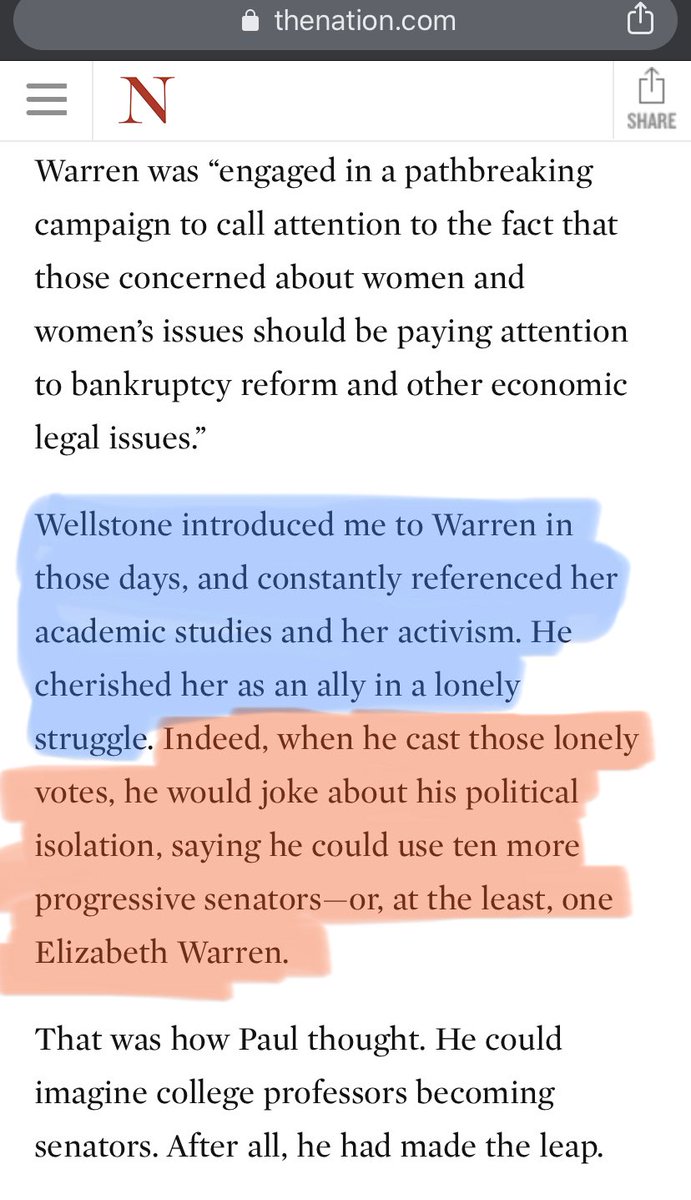 Over 20 years ago Warren was close friends with Paul Wellstone— the most liberal Senator of the last 50 years. Yes, more MORE liberal than  @BernieSanders Wellstone considered Warren, who was not a politician just his friend, to be worth 10 Senators!AKA: neoliberal shill?