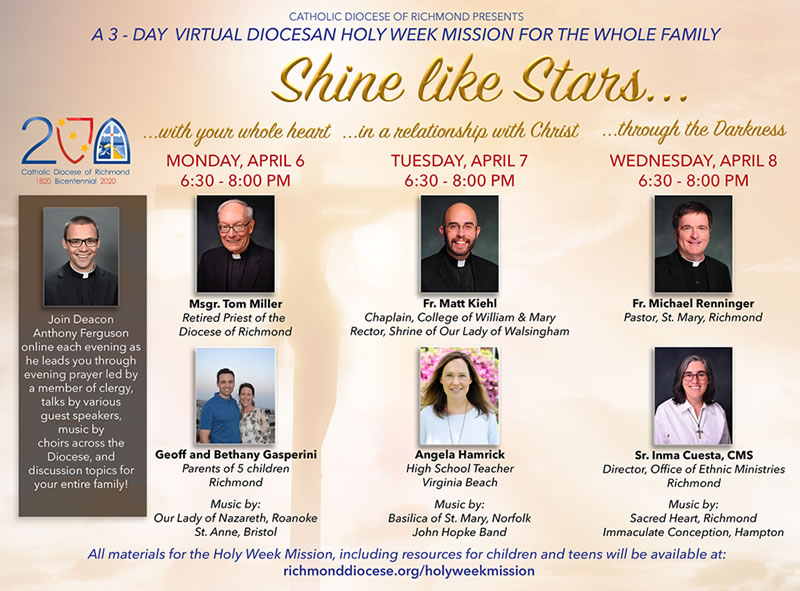 papuzzo200's tweet photo. TUNE IN and TAKE PART: 
Catholic Diocese of Richmond Holy Week Mission (Streamed)
Mon, Tue, Wed - Apr 6, 7, 8 - 6:30-8:00 PM
Go to https://t.co/wUHS7DBDAn https://t.co/RcLbcZAOMY