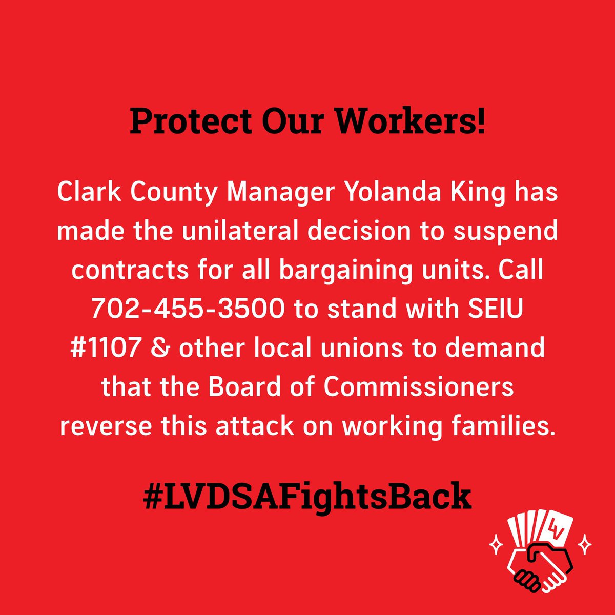 LasVegasDSA's tweet photo. With 71,400 Nevadans filing for unemployment last week, it is an absolute travesty that @ClarkCountyNV Manager Yolanda King is taking away worker’s rights during a global pandemic. https://t.co/3XSmtSRyIb