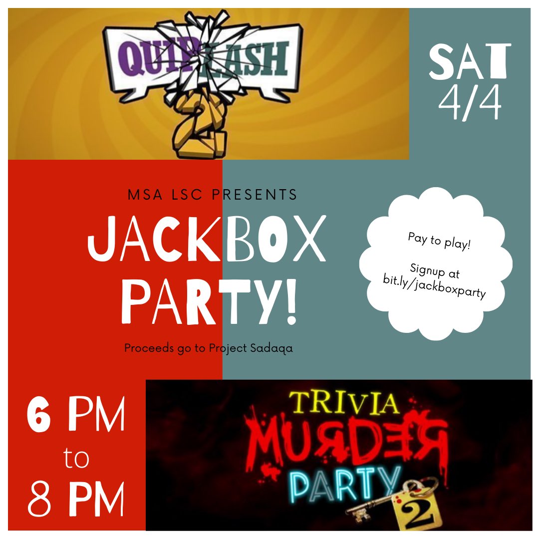 msalsc's tweet photo. ๐ฎJoin us THIS SATURDAY for a virtual Jackbox Party! This is a pay-to-play & all proceeds benefit #ProjectSadaqa2020. You can donate however much you want!
Signup: https://t.co/tYmZf7fNup
#projectsadaqa2020 #stayhome #lscshowdown2020 https://t.co/WTK9xRtNjC