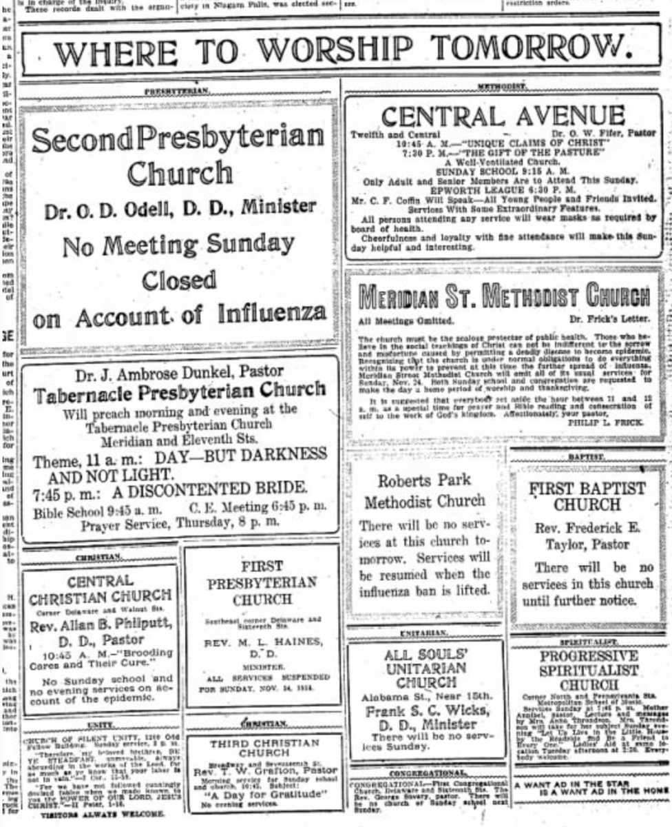 1918 church cancellations, Indianapolis, Indiana.