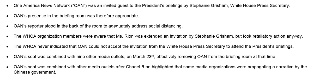 Also: She sent me OAN's official position on the clash with WHCA over the scarce seating in the White House briefing room following the implementation of a social-distancing seating chart: