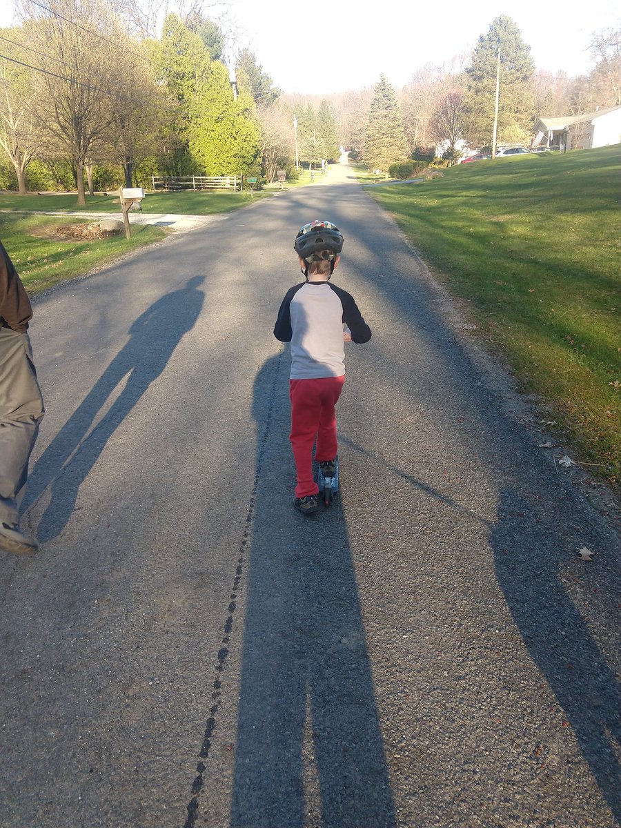 Day 19: HS senior's art teacher has seemingly given up since few students have supplies at home. Senior is reduced to projects using Crayola watercolors. Kindergartener fancies himself a scooter pro after a 1.5 mile walk/ride today.