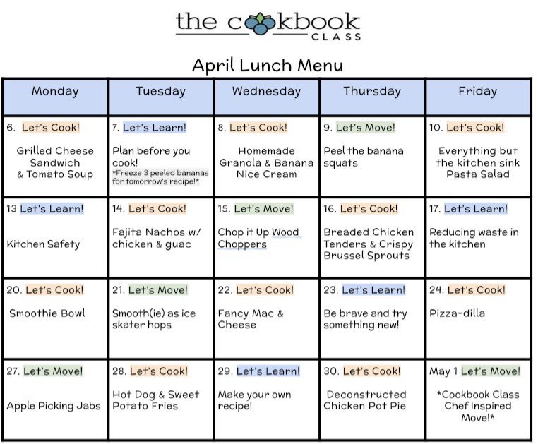 cookbookclass's tweet photo. Let’s cook. Let’s move. Let’s learn.🥦🤸🏻‍♂️✏️

Check out the April lunch menu and join in on our FREE virtual series starting this Monday, April 6!

https://t.co/jfAo5jX0Vd…

#thecookbookclass #kidscook #lunchroomseries #kidsactivities #KidsTogether #cooking #cookingathome https://t.co/4NknqBtJEp