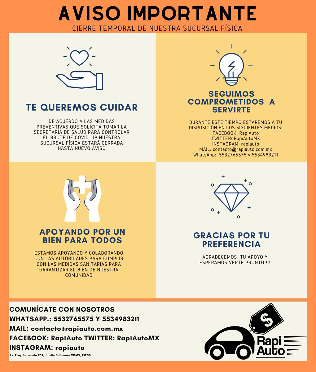 RapiAutoMX's tweet photo. 🚨Aviso importante 🚨Nuestra sucursal #rapiauto Fray Servando estará cerrada temporalmente para apoyar y colaborar con las autoridades.
Seguiremos atendiéndote a través de nuestros medios digitales.
#cuidate #mequedoencasa #unidossomosmásfuertes #sanadistancia https://t.co/dhNuf40dYr