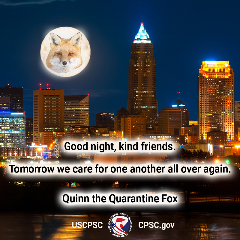 A fox in the moon over Cleveland, Ohio. The text reads: Good night, kind friends. Tomorrow we care for one another all over again. Quinn the Quarantine Fox.