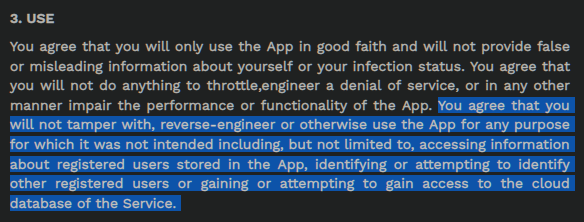 The "Aarogya Setu TERMS OF SERVICE"prohibits reverse engineering the application. https://web.swaraksha.gov.in/ncv19/tnc/ (Their TOS URL takes a lang= parameter, and it defaulted to lang=en, I tried a few more languages but it always displayed the page in English.)