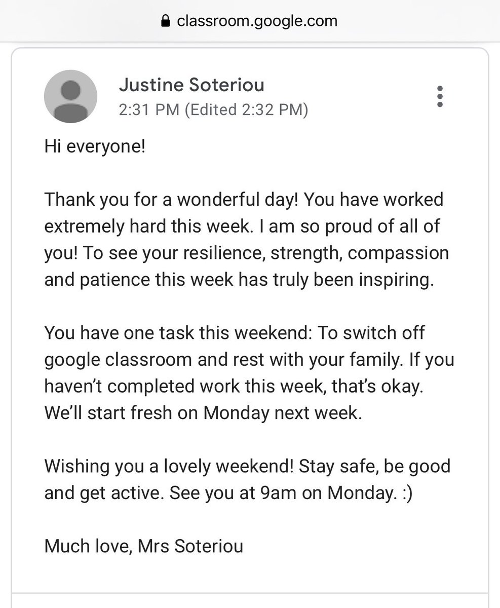 Signing off Google Classroom after our first week of online learning. Couldn’t be more proud of my class as they’ve successfully engaged in this online platform! Well done 6/5S 💪😁