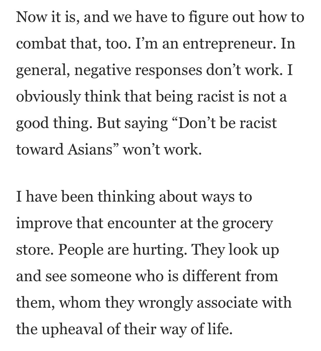 He underscores that racism is immoral, but highlights that simply yelling "don't be racist" to someone who is actually being racist is not effective. He's a solutions guy. He calls for a pragmatic approach to "improve the encounter" he described.