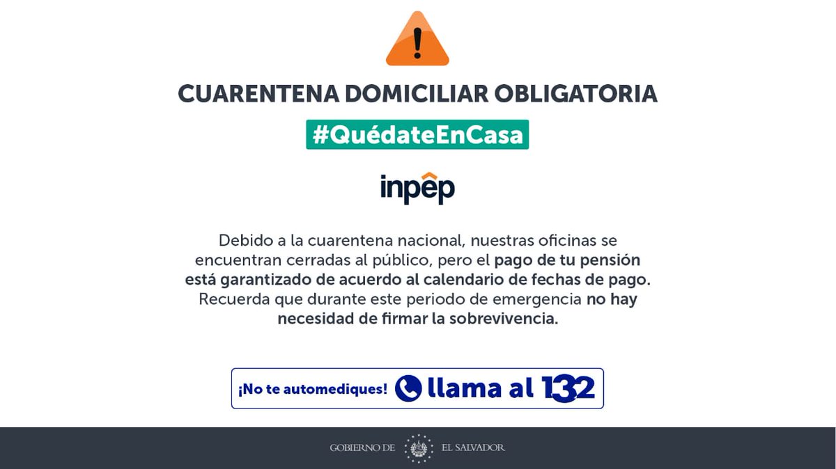 INPEPSV's tweet photo. Compartimos información importante para toda nuestra población pensionada.
#QuédateEnCasa el pago de tu pensión está garantizado. https://t.co/1uUXxVoopr