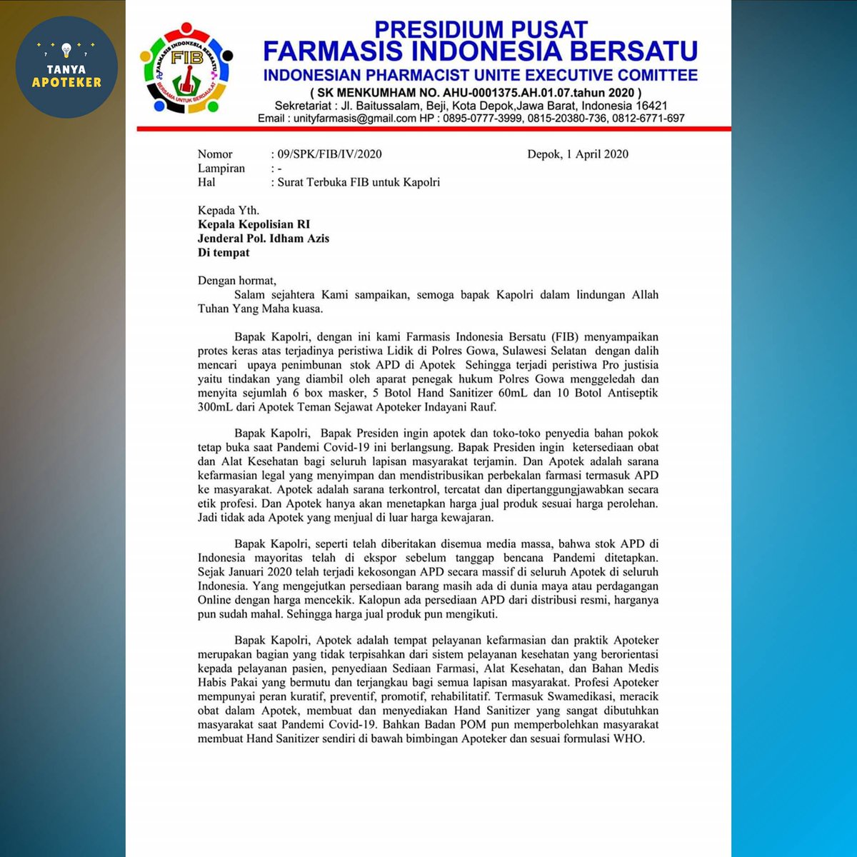 TanyaApotekerKu's tweet photo. Surat Terbuka FIB untuk Kapolri
Gratiās
#tanyaapoteker #apoteker #masker #handsanitizer #farmasis #farmasisindonesiabersatu #kapolri #CoronaUpdate https://t.co/nOjLxurcWe