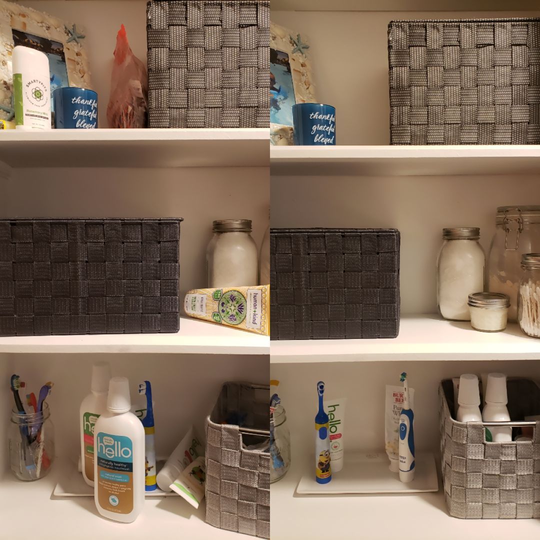 cari_r_85's tweet photo. Straightened up the bathroom shelves...a.k.a. hid most of our stuff in our bins! 🤷‍♀️ #thebigclean #influenster #hello #burtsbees #oral-b #colgate #drteals #aveeno #smartypits #humankind #TheBigClean https://t.co/nTrp68G61M https://t.co/yHRVlwAXhS