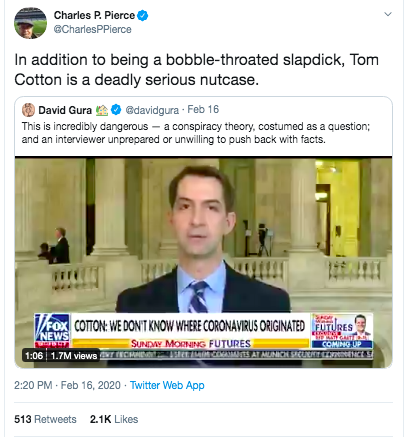 Other media personalities were quick to join the smears against Cotton, thereby helping China dismiss legitimate questions about the early origin as just conspiracy theories.All these tweets are still up. No retractions or apologies.