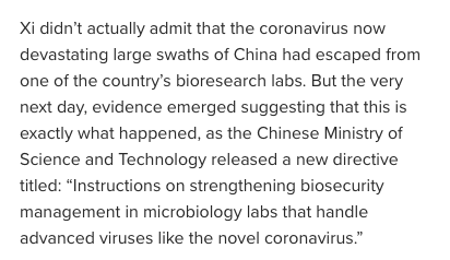 In February, the Chinese Ministry of Science and Technology released a new directive titled: “Instructions on strengthening biosecurity management in microbiology labs that handle advanced viruses like the novel coronavirus.”  https://nypost.com/2020/02/22/dont-buy-chinas-story-the-coronavirus-may-have-leaked-from-a-lab/