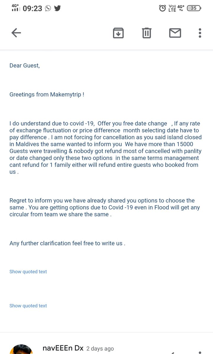 naveenpolireddi's tweet image. Worst service! MMT cancelled my MALDIVES HOLIDAY TRIP and charging me cancellation charges of 14K. Is this really customer focus? MMT is taking advantage of the COVID-19 CRISIS, exploiting more than of 15K customers @makemytrip @deepkalra @narendramodi @ysjagan @rajeshmagow